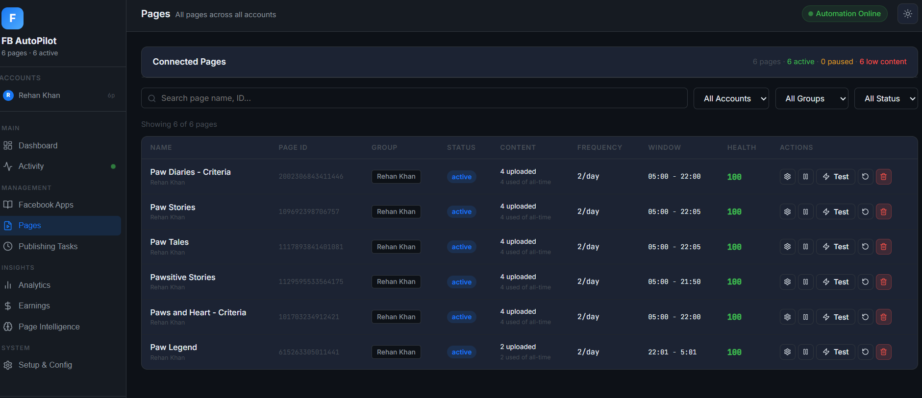 Pages management with per-page schedules and source folders